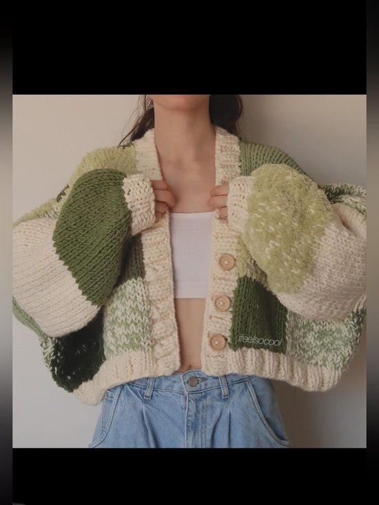Source Unknown Sweaters - Chunky Green & Cream Patchwork Knit Cardigan Sweater